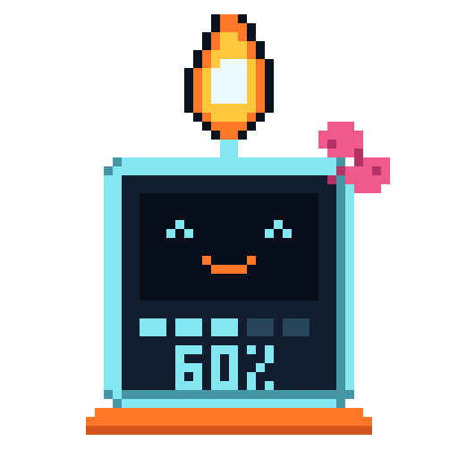 Vesta, a vela de pixel que é a mascote do estúdio, sorrindo, com uma chama acesa no topo e um laço rosa